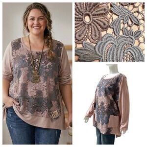 LOGO Lounge Pink Floral Lace Tunic Top Womens Plus Size 2X Lagenlook Boho Artsy